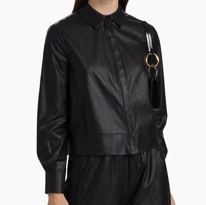 Kobi Halperin Black Faux Leather Button Up Blouse Top Size Large MSRP $398